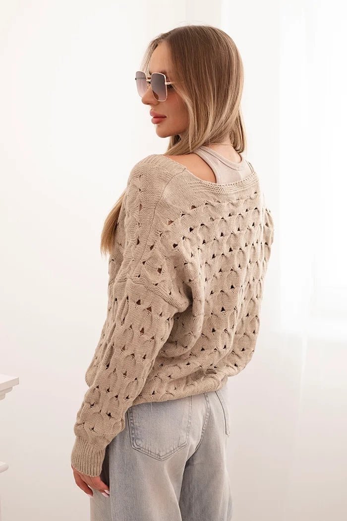 Women's openwork sweater with a V - neck and golden buttons ART9083 / – Dark Beige цвет / color | Lexline Fashion
