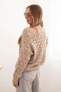 Women's openwork sweater with a V - neck and golden buttons ART9083 / – Dark Beige цвет / color | Lexline Fashion