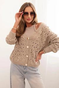 Women's openwork sweater with a V - neck and golden buttons ART9083 / – Dark Beige цвет / color | Lexline Fashion