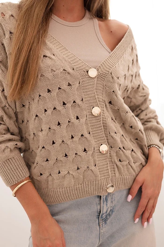 Women's openwork sweater with a V - neck and golden buttons ART9083 / – Dark Beige цвет / color | Lexline Fashion