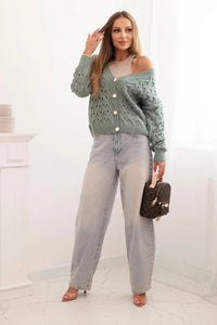 Women's openwork sweater with a V - neck and golden buttons ART9083 / – Dark Mint цвет / color | Lexline Fashion