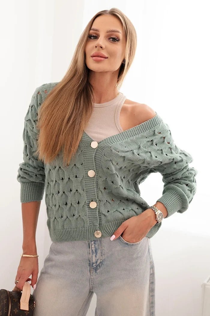 Women's openwork sweater with a V - neck and golden buttons ART9083 / – Dark Mint цвет / color | Lexline Fashion