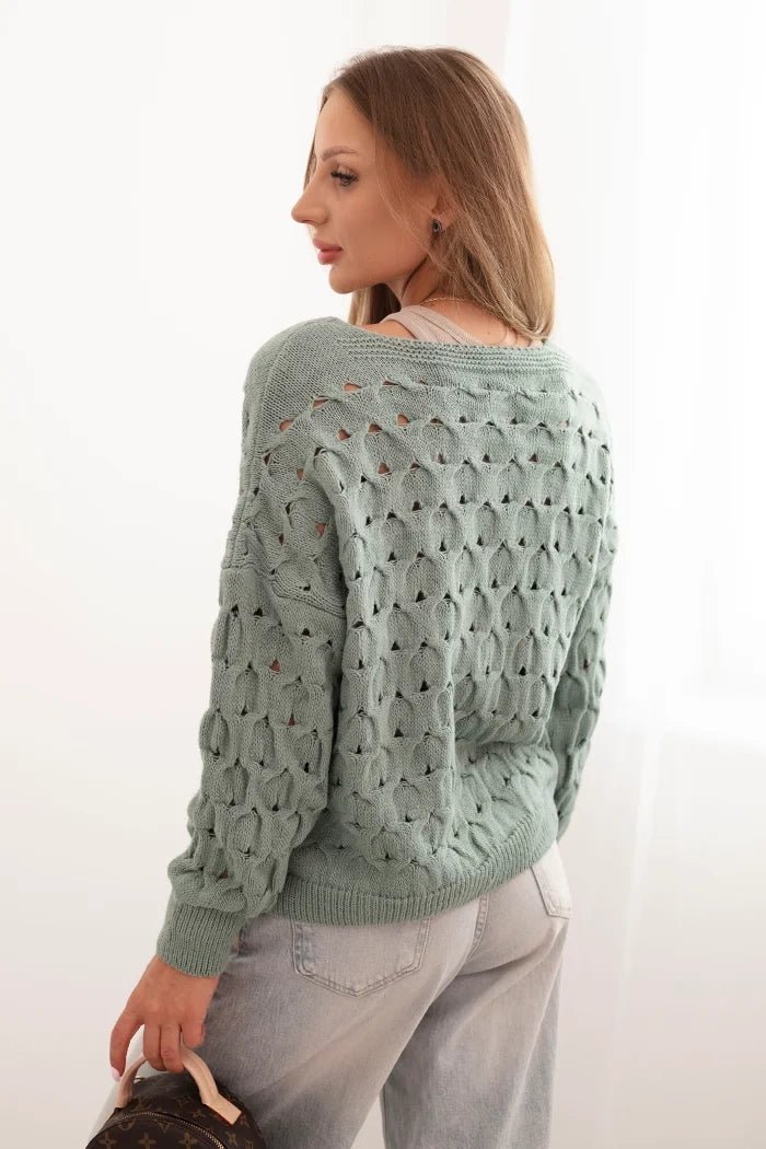 Women's openwork sweater with a V - neck and golden buttons ART9083 / – Dark Mint цвет / color | Lexline Fashion