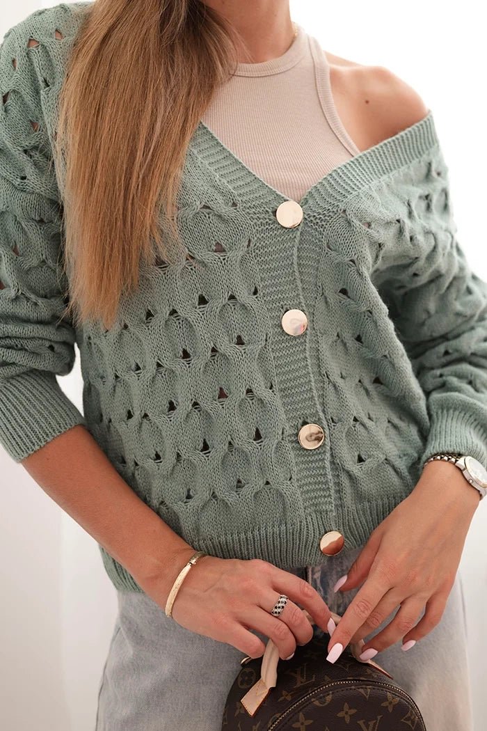 Women's openwork sweater with a V - neck and golden buttons ART9083 / – Dark Mint цвет / color | Lexline Fashion