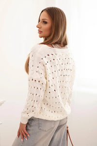Women's openwork sweater with a V - neck and golden buttons ART9083 / – Ecru цвет / color | Lexline Fashion