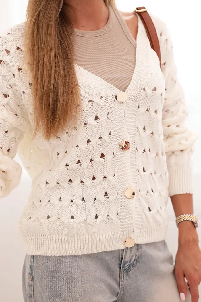 Women's openwork sweater with a V - neck and golden buttons ART9083 / – Ecru цвет / color | Lexline Fashion