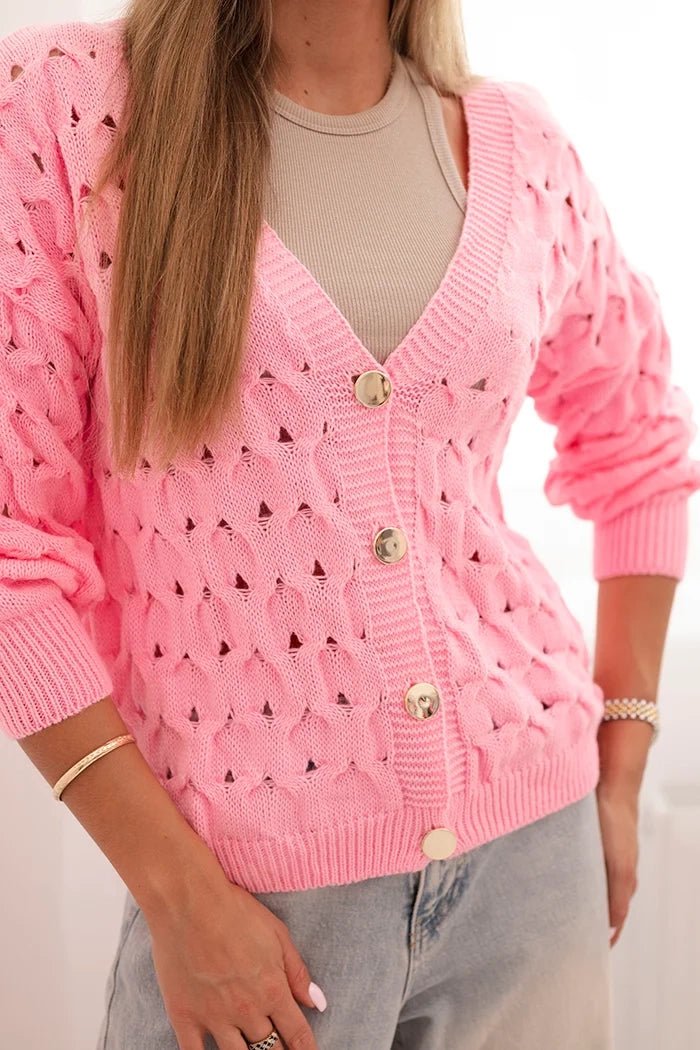 Women's openwork sweater with a V - neck and golden buttons ART9083 / – Light Pink цвет / color | Lexline Fashion