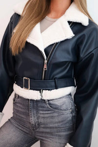 Women's pilot jacket made of faux leather, insulated with fur and a belt ART4585 / – Black цвет / color | Lexline Fashion