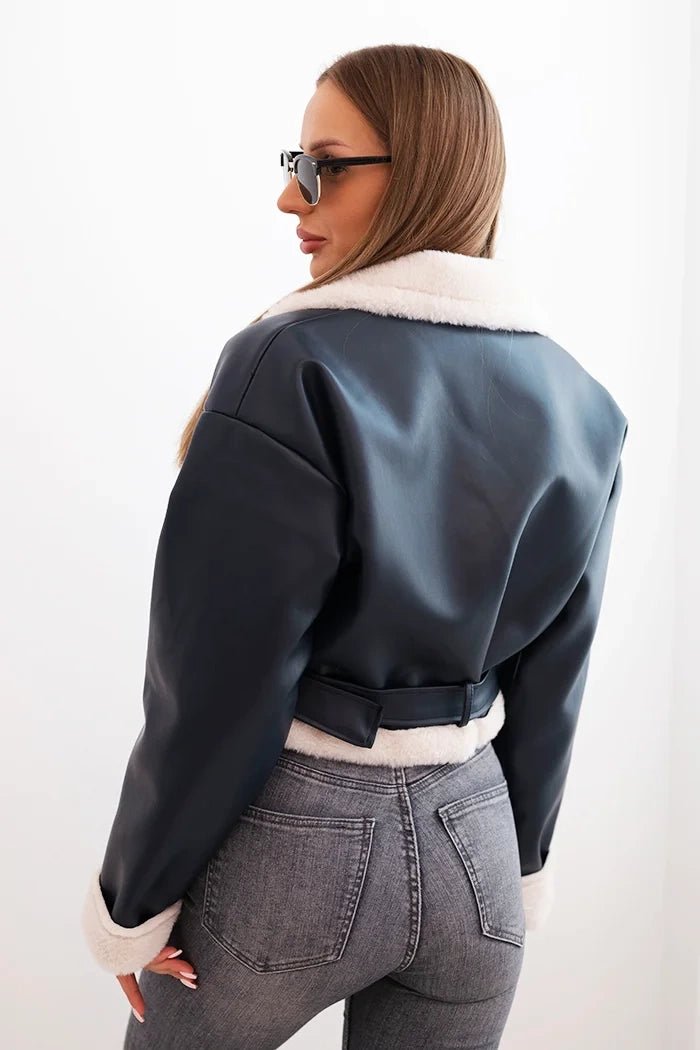 Women's pilot jacket made of faux leather, insulated with fur and a belt ART4585 / – Black цвет / color | Lexline Fashion