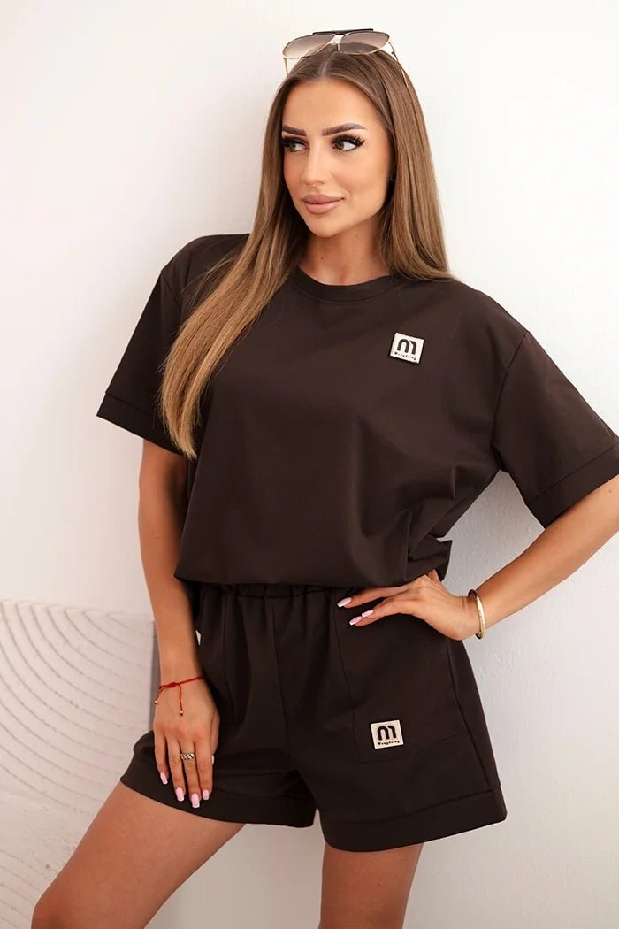 Women's punto set with short sleeves and loose shorts 7540 / – Brown цвет / color | Lexline Fashion