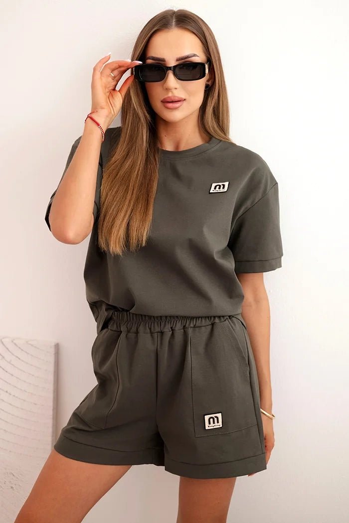Women's punto set with short sleeves and loose shorts 7540 / – Khaki цвет / color | Lexline Fashion