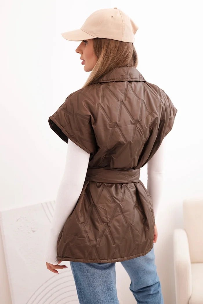 Women's quilted vest with a belt and wide collar 5696 / – Black цвет / color | Lexline Fashion