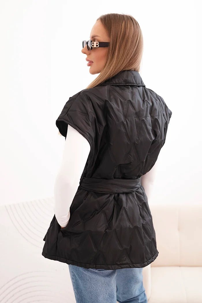 Women's quilted vest with a belt and wide collar 5696 / – Black цвет / color | Lexline Fashion