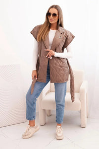 Women's quilted vest with a belt and wide collar 5696 / – Black цвет / color | Lexline Fashion