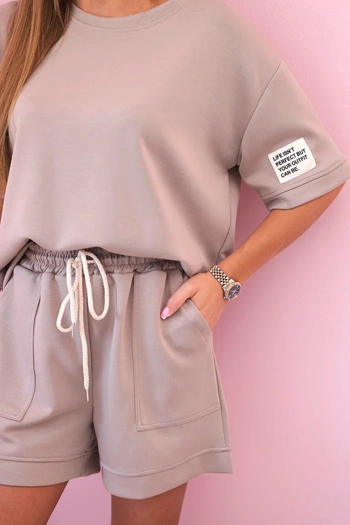 Women's set butter with high - waisted shorts 7358 / – Dark Beige цвет / color | Lexline Fashion