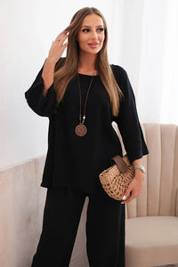 Women's set made of viscose, blouse with a necklace and pants ART25121 / – Black цвет / color | Lexline Fashion