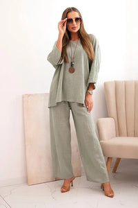 Women's set made of viscose, blouse with a necklace and pants ART25121 / – Khaki цвет / color | Lexline Fashion