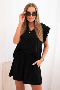 Women's set made of viscose, blouse with ruffles and shorts ART7872 / – Black цвет / color | Lexline Fashion