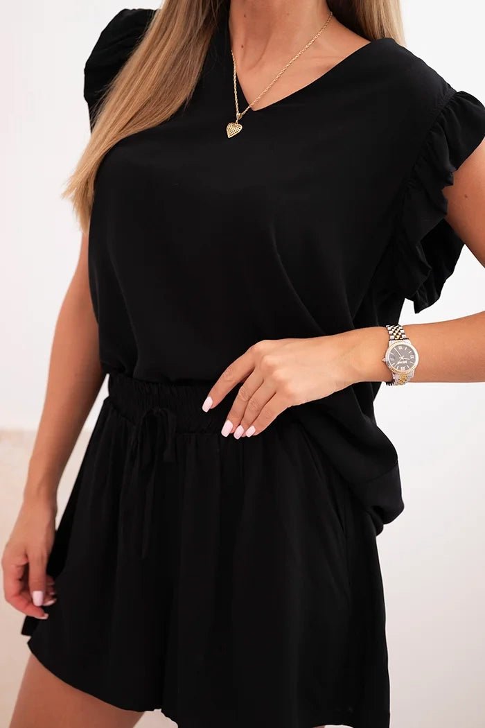 Women's set made of viscose, blouse with ruffles and shorts ART7872 / – Black цвет / color | Lexline Fashion