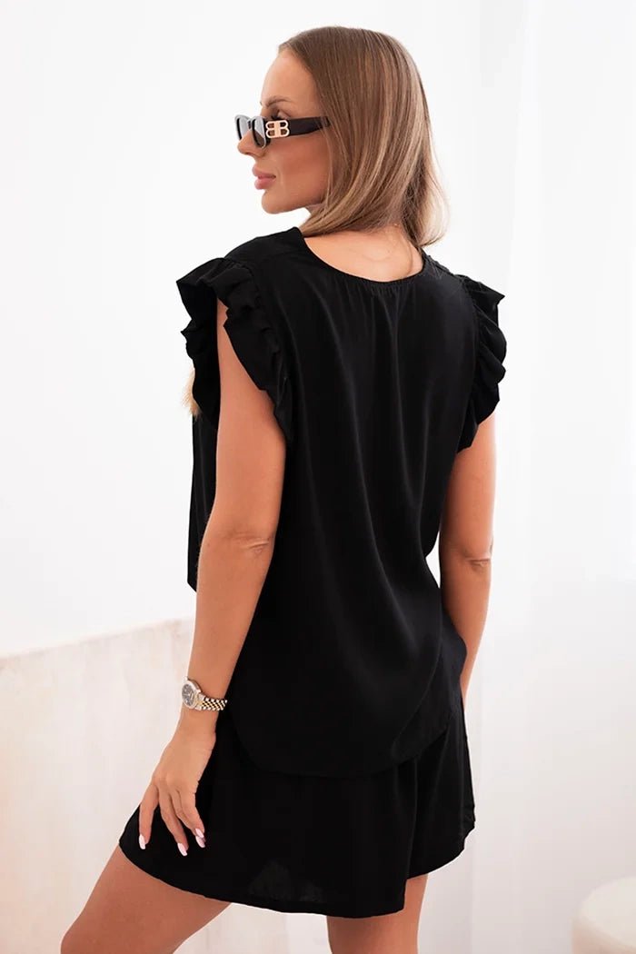 Women's set made of viscose, blouse with ruffles and shorts ART7872 / – Black цвет / color | Lexline Fashion