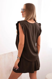 Women's set made of viscose, blouse with ruffles and shorts ART7872 / – Brown цвет / color | Lexline Fashion