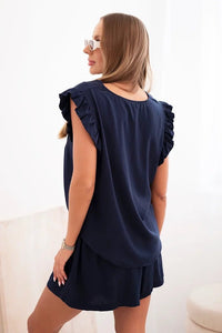 Women's set made of viscose, blouse with ruffles and shorts ART7872 / – Navy blue цвет / color | Lexline Fashion