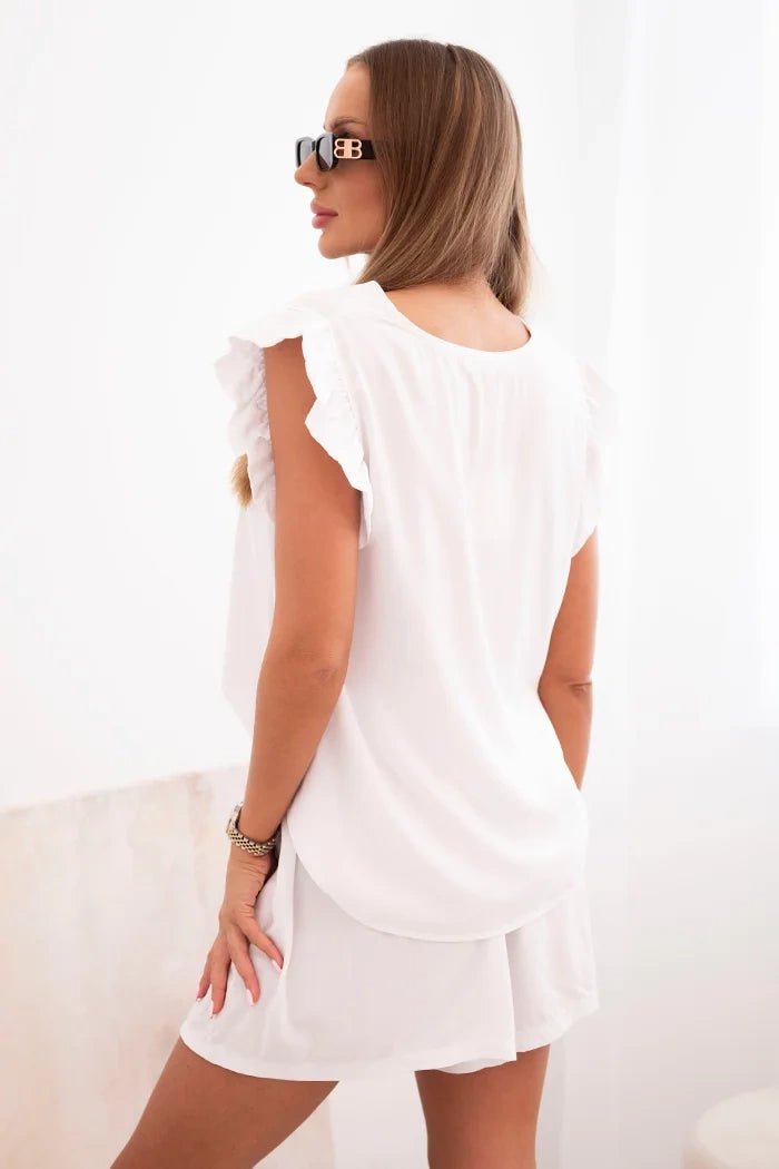 Women's set made of viscose, blouse with ruffles and shorts ART7872 / – White цвет / color | Lexline Fashion