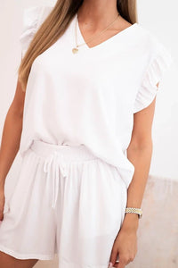 Women's set made of viscose, blouse with ruffles and shorts ART7872 / – White цвет / color | Lexline Fashion