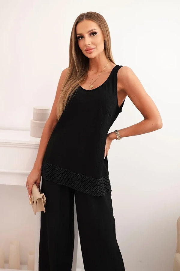 Women's set made of viscose, top with wide straps and wide - leg pants 557 / – Black цвет / color | Lexline Fashion