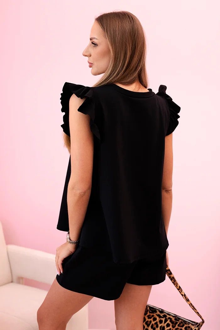 Women's set with a frill – a short - sleeved blouse and shorts with an elastic band IT - 71 / – Black цвет / color | Lexline Fashion
