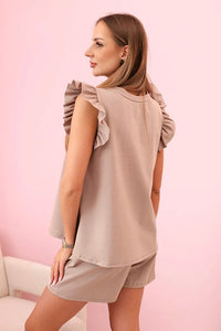 Women's set with a frill – a short - sleeved blouse and shorts with an elastic band IT - 71 / – Camel цвет / color | Lexline Fashion