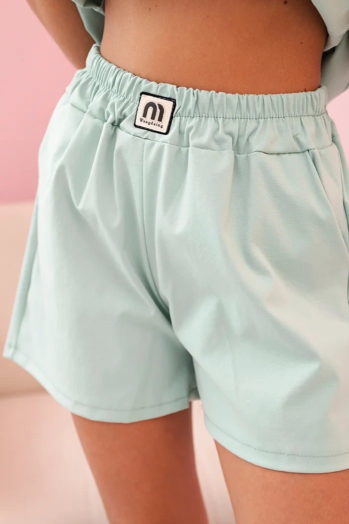 Women's set with a frill – a short - sleeved blouse and shorts with an elastic band IT - 71 / – Dark Mint цвет / color | Lexline Fashion