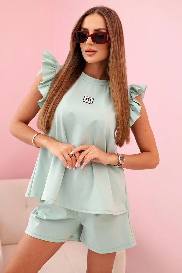 Women's set with a frill – a short - sleeved blouse and shorts with an elastic band IT - 71 / – Dark Mint цвет / color | Lexline Fashion