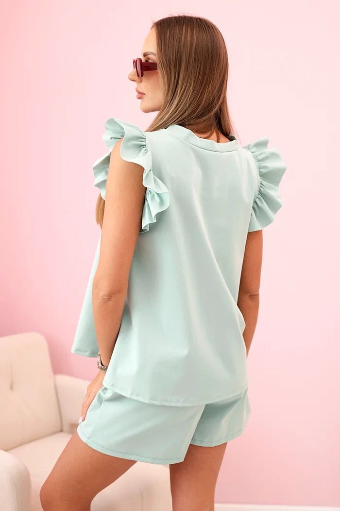 Women's set with a frill – a short - sleeved blouse and shorts with an elastic band IT - 71 / – Dark Mint цвет / color | Lexline Fashion