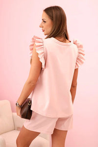 Women's set with a frill – a short - sleeved blouse and shorts with an elastic band IT - 71 / – Dark powder цвет / color | Lexline Fashion