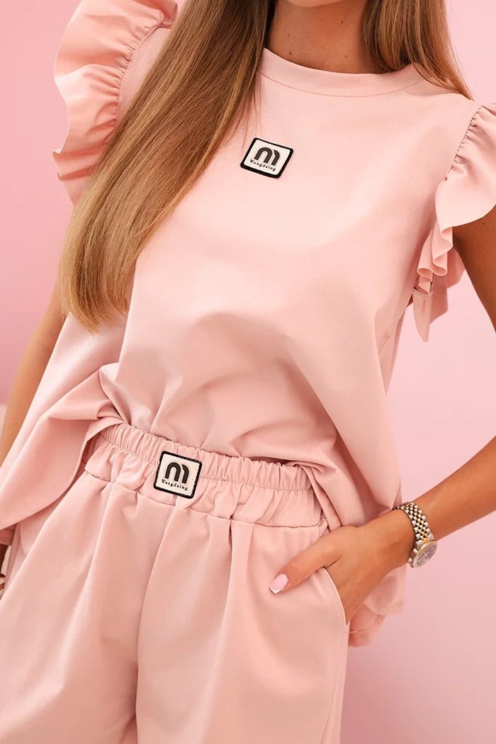 Women's set with a frill – a short - sleeved blouse and shorts with an elastic band IT - 71 / – Dark powder цвет / color | Lexline Fashion