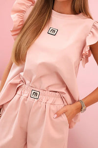 Women's set with a frill – a short - sleeved blouse and shorts with an elastic band IT - 71 / – Dark powder цвет / color | Lexline Fashion