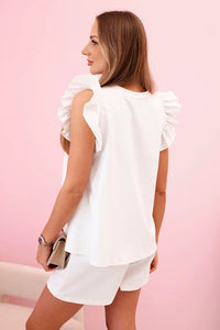 Women's set with a frill – a short - sleeved blouse and shorts with an elastic band IT - 71 / – Ecru цвет / color | Lexline Fashion