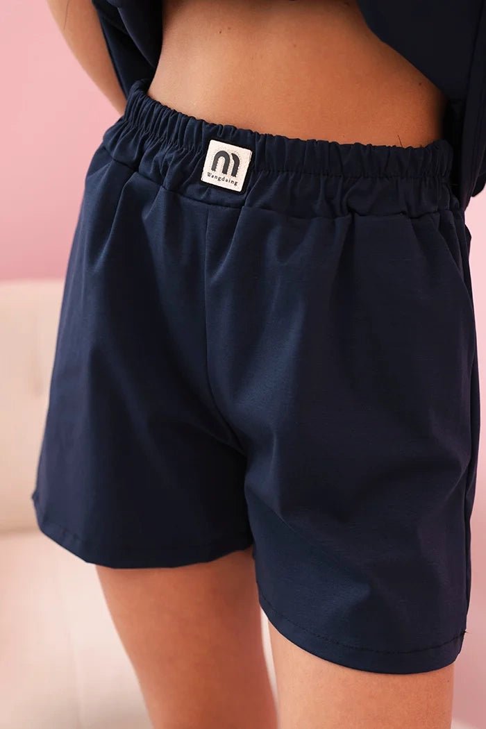 Women's set with a frill – a short - sleeved blouse and shorts with an elastic band IT - 71 / – Navy blue цвет / color | Lexline Fashion