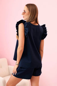 Women's set with a frill – a short - sleeved blouse and shorts with an elastic band IT - 71 / – Navy blue цвет / color | Lexline Fashion