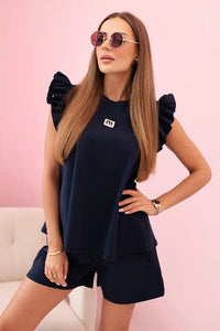 Women's set with a frill – a short - sleeved blouse and shorts with an elastic band IT - 71 / – Navy blue цвет / color | Lexline Fashion