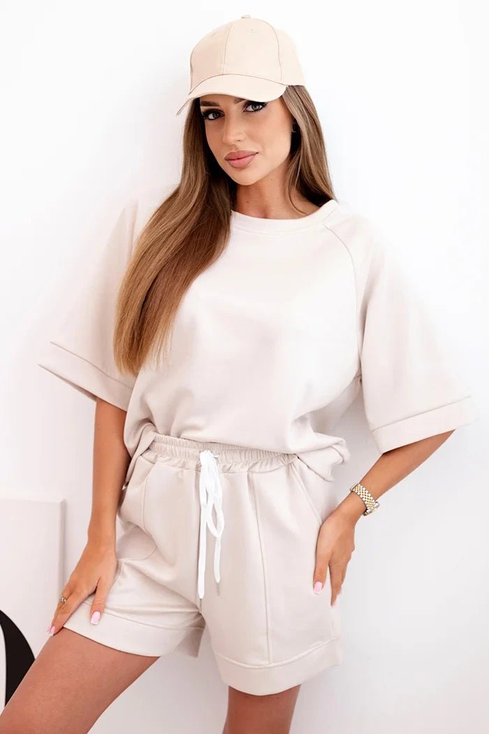 Women's set with a short - sleeved blouse and shorts 7402 / – Beige || Light цвет / color | Lexline Fashion
