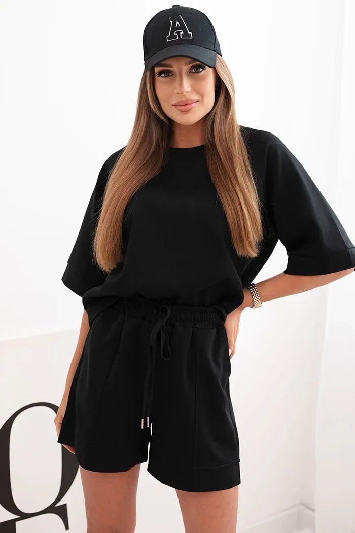 Women's set with a short - sleeved blouse and shorts 7402 / – Black цвет / color | Lexline Fashion