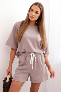Women's set with a short - sleeved blouse and shorts 7402 / – Dark | Beige цвет / color | Lexline Fashion