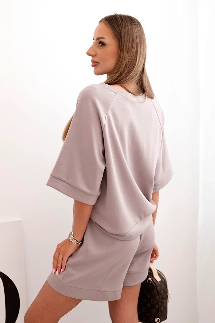 Women's set with a short - sleeved blouse and shorts 7402 / – Dark | Beige цвет / color | Lexline Fashion