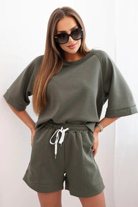 Women's set with a short - sleeved blouse and shorts 7402 / – Khaki цвет / color | Lexline Fashion