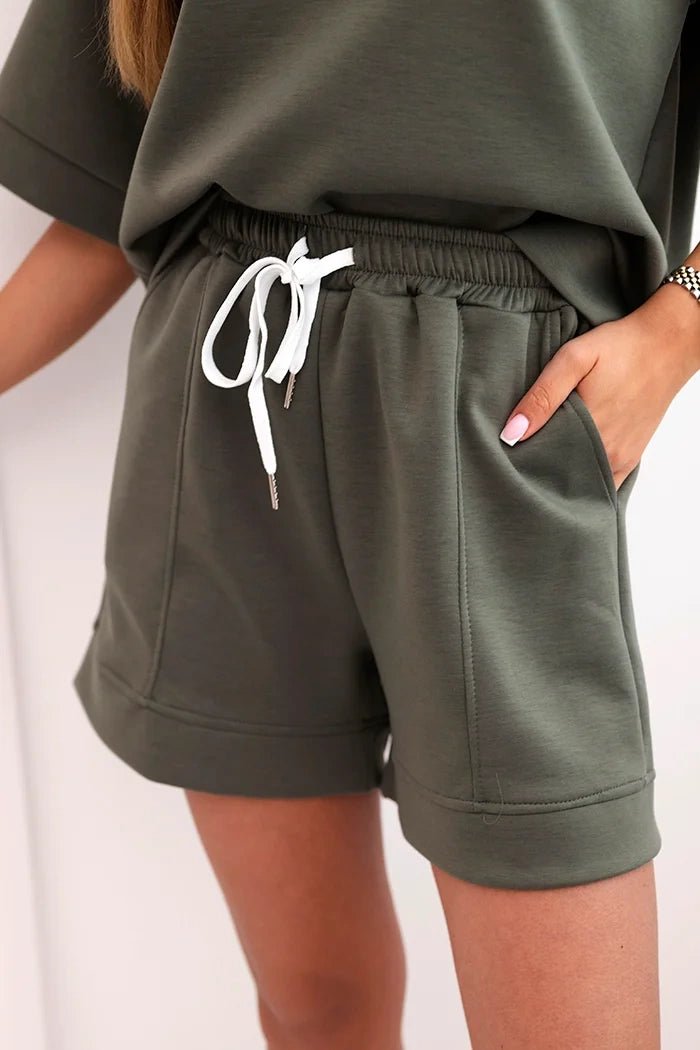 Women's set with a short - sleeved blouse and shorts 7402 / – Khaki цвет / color | Lexline Fashion