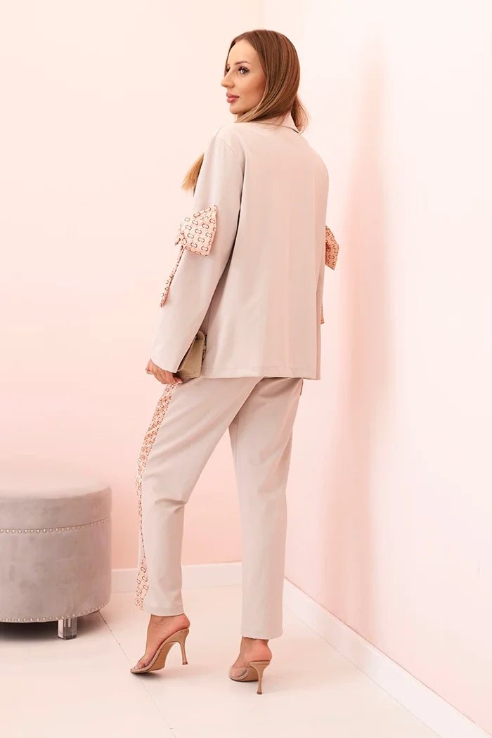 Women's set with viscose – blazer with lapels and trousers with a piping ART0219 / – Beige цвет / color | Lexline Fashion