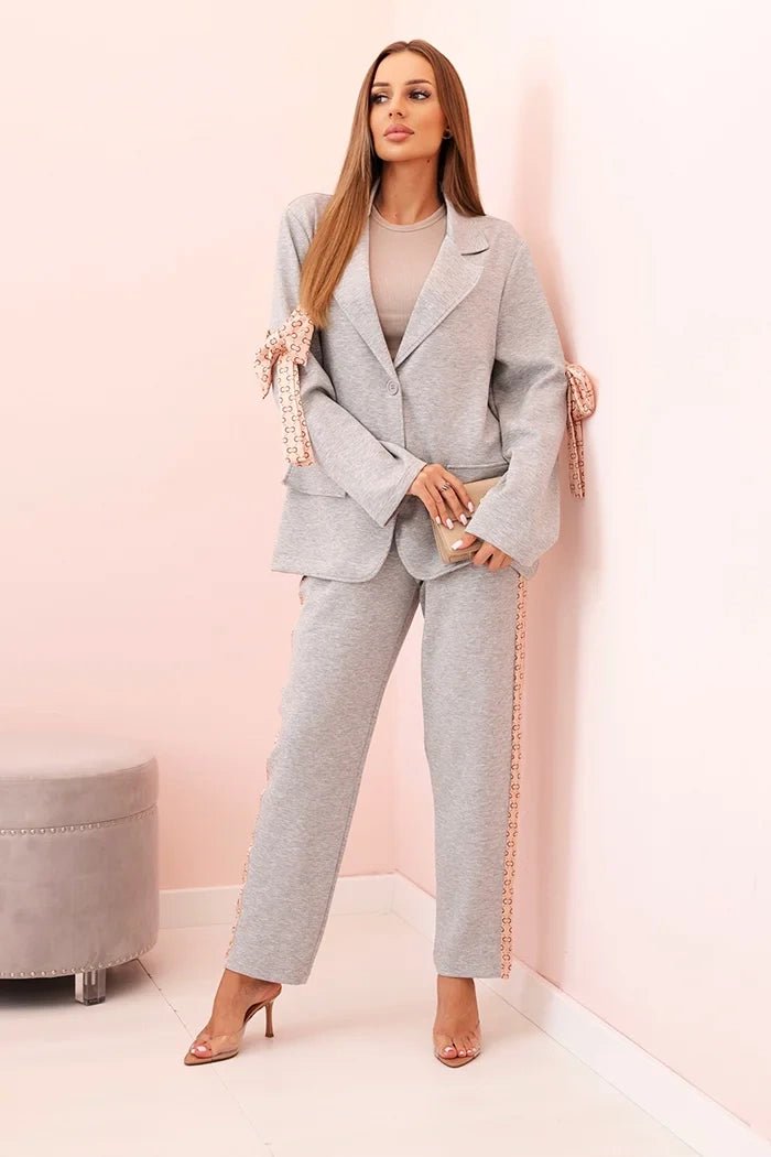 Women's set with viscose – blazer with lapels and trousers with a piping ART0219 / – Beige цвет / color | Lexline Fashion