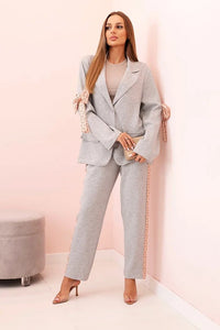 Women's set with viscose – blazer with lapels and trousers with a piping ART0219 / – Beige цвет / color | Lexline Fashion